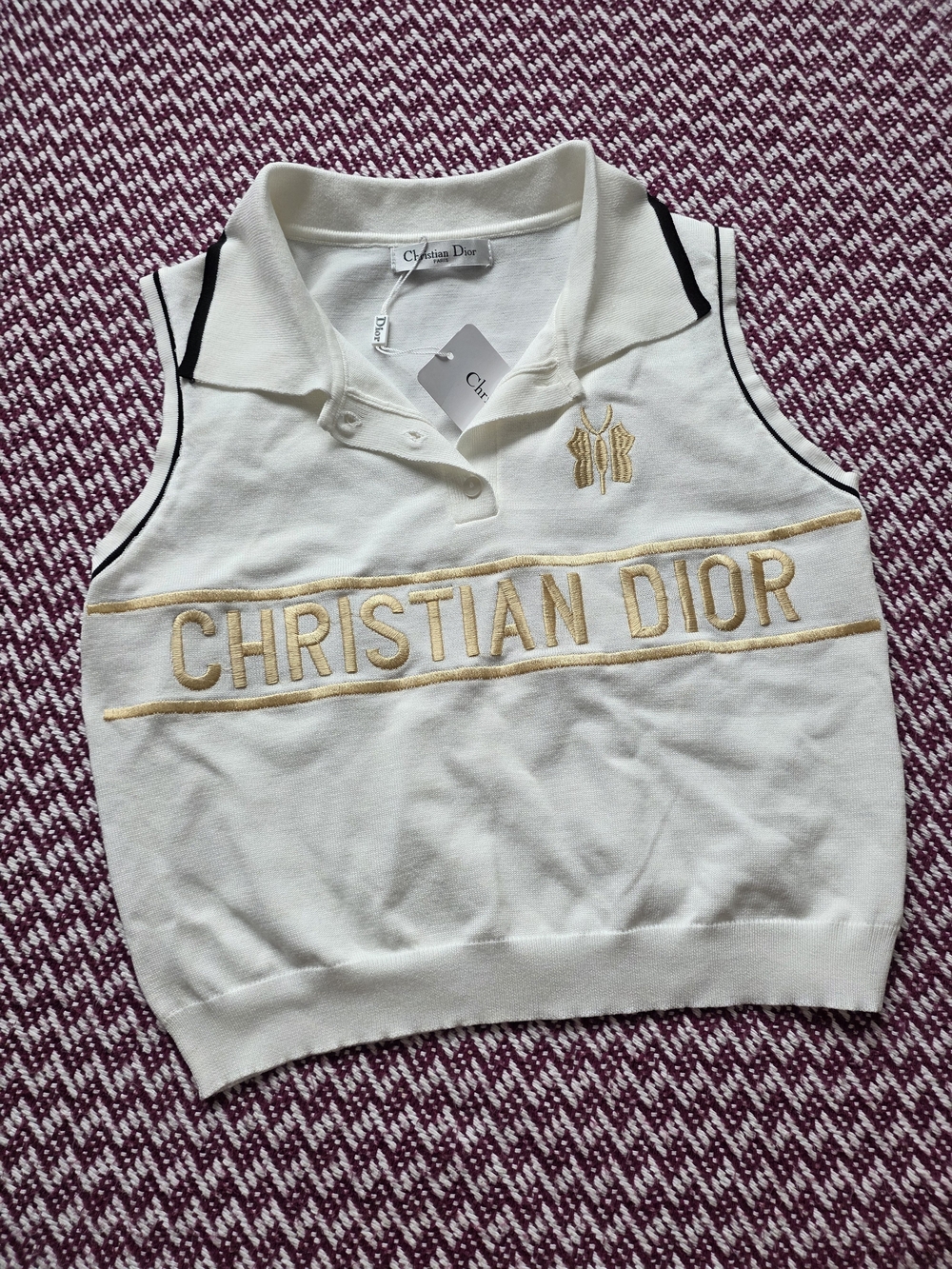 Dior Cream Sleeveless Polo Top with Gold Embroidery and Black Piping